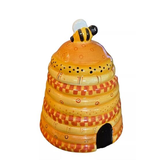 Vibrant Ceramic Honey Pot with Bumblebee Design -8oz Sugar Bowl in Beehive Shape - Picture 3 of 5